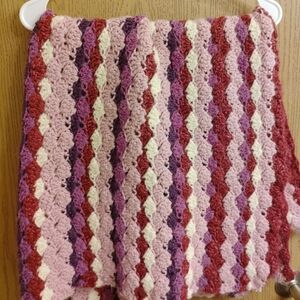 Handmade Crochet Blanket Scallop Stripe in Pink, Cream & Burgundy